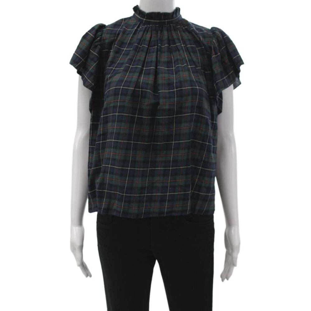 Birds of Paradis Women Tunic Blouse Blue Plaid High Neck Short Sleeve Size XS